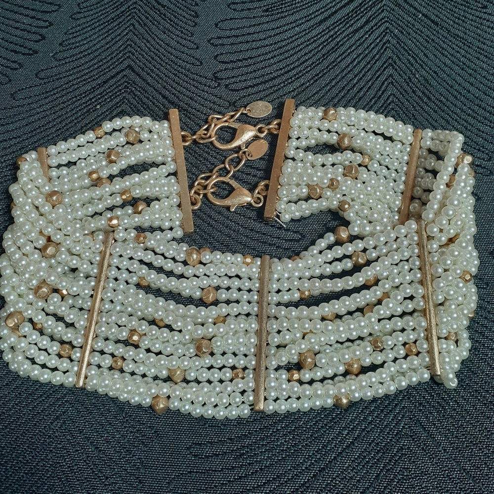 Zara Cream Pearl Multi-Row Choker with Gold Accents - Picture 8 of 14